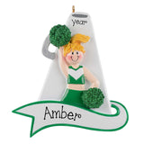Personalized Cheerleader Ornament ~ Custom Cheerleader Megaphone Christmas Ornament ~ Cheer Gift ~ Blonde Female in Green Cheer Uniform