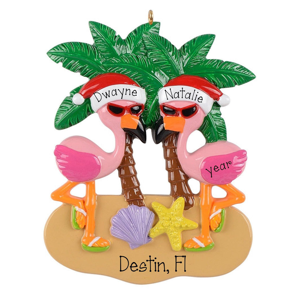 Personalized Flamingo Ornament ~ Two Flamingo on a Beach Christmas Ornament ~ Flamingo Couple Tropical Vacation ~ Couple Caribbean Vacation