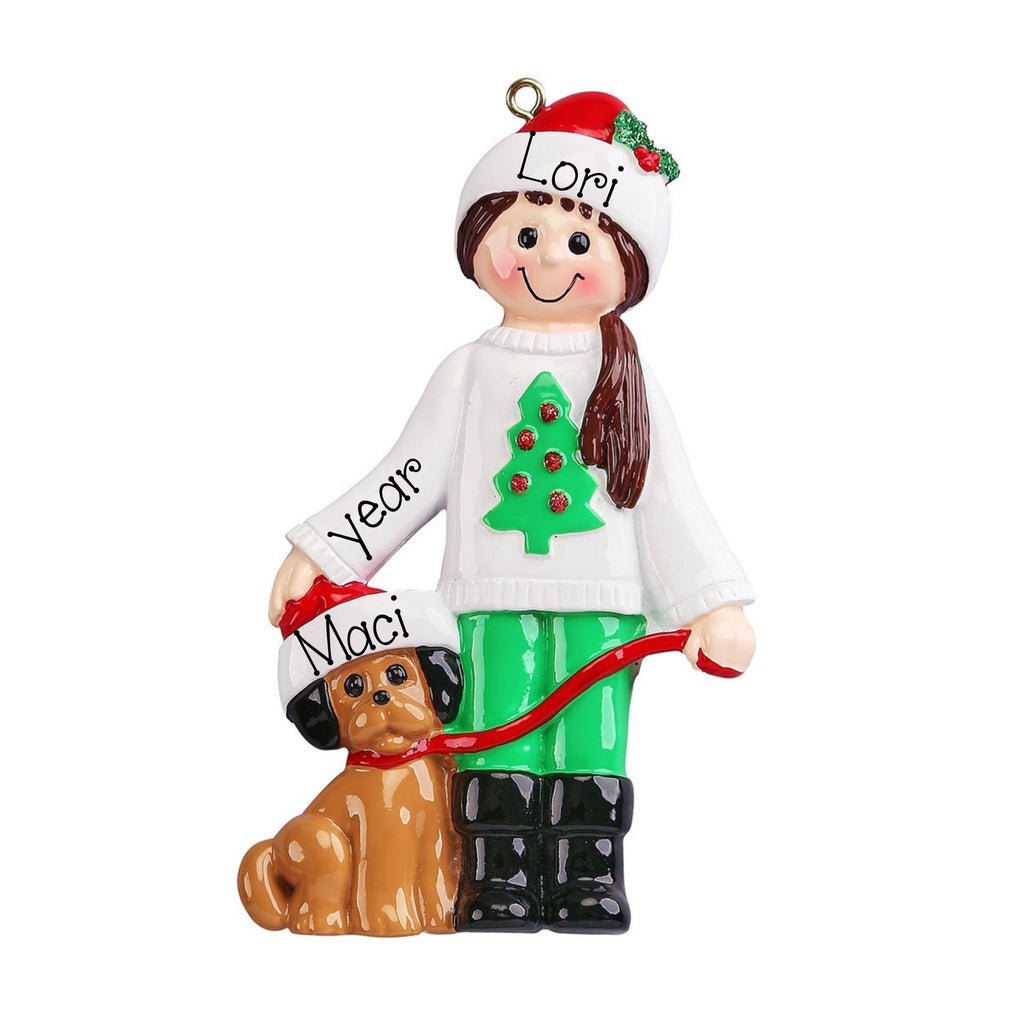 Personalized Girl and Brown Dog Christmas Ornament ~ Brown Puppy Personalized Pet Ornament ~ A Girl and her Dog Ornament ~ Dog Mom Ornament