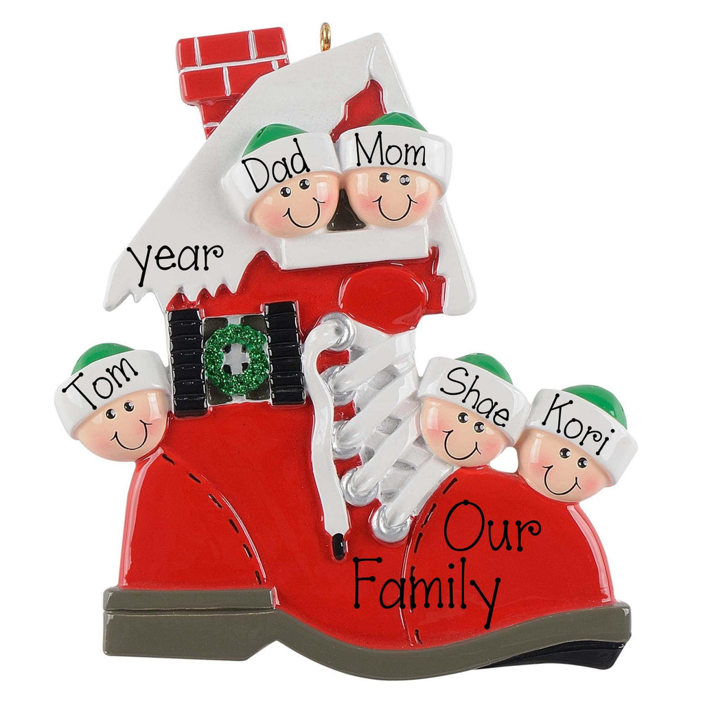 Family of 5 in a Red Shoe Personalized Christmas Ornament ~ Family of 5 in a Red Boot ~ Humorous Family Ornament ~ Single Parent Ornament