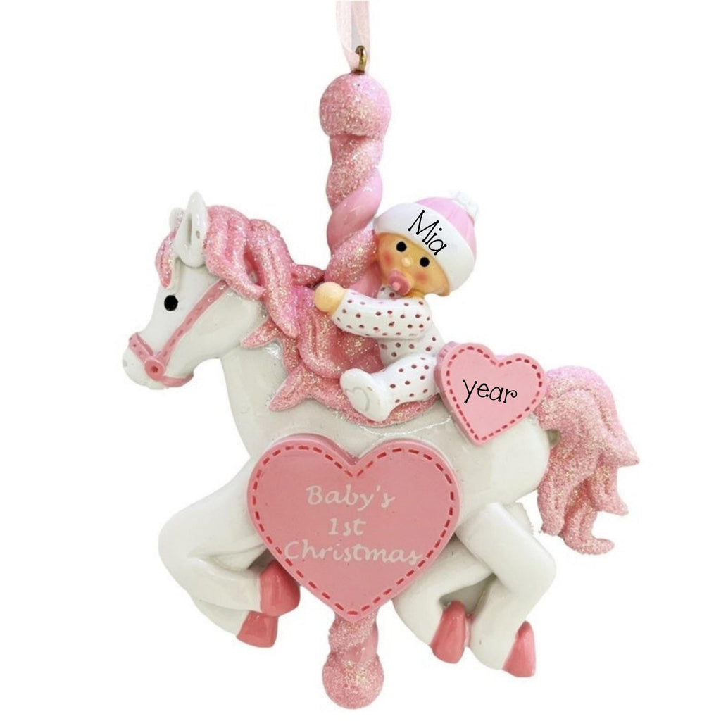 Personalized Baby's First Christmas Ornament ~ Carousel Baby Girl First Ornament ~ New Born Keepsake ~ Personalized Pink Carousel Baby Gift