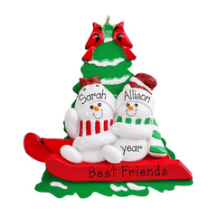 Personalized FRIENDS Christmas Ornament ~ Two Snowmen on a Sled with a Christmas Tree and Red Cardinals ~ Personalized Gift ~ Siblings