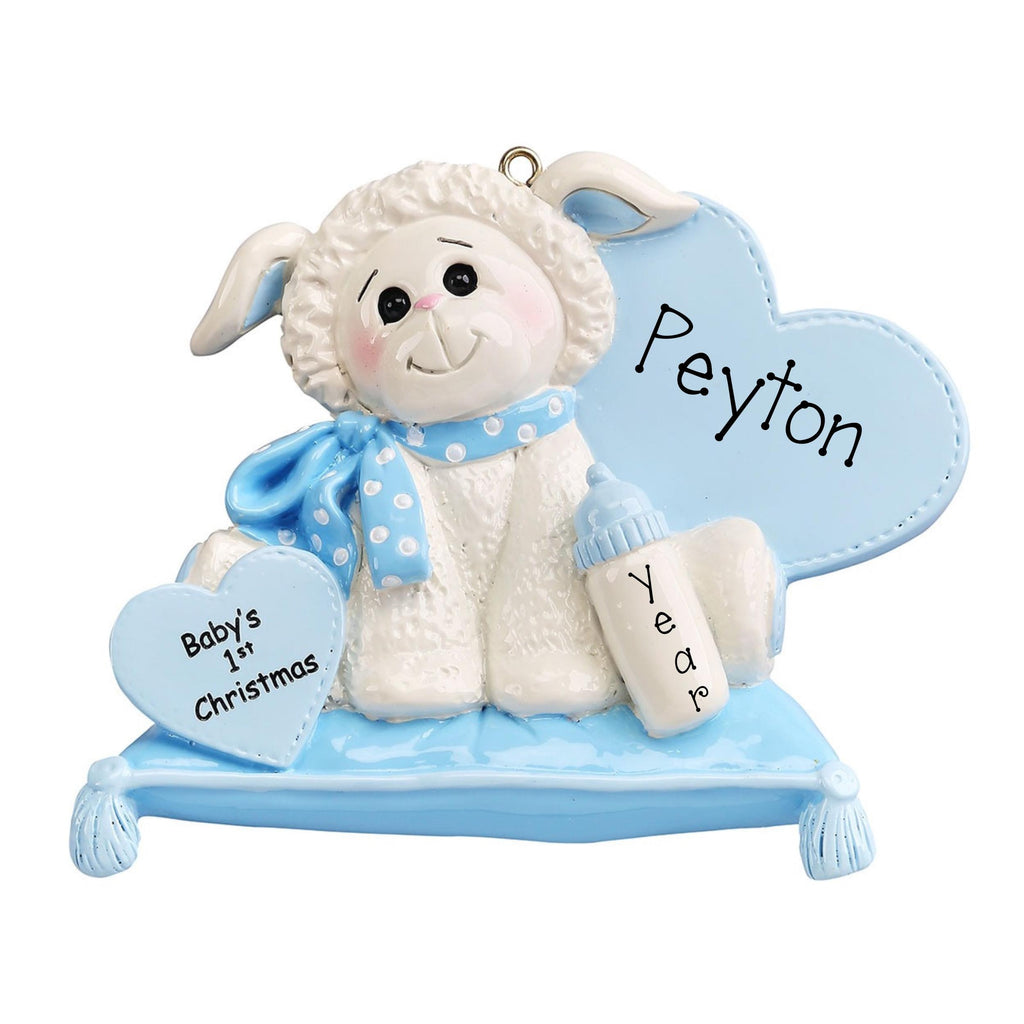 Personalized Baby's First Christmas Ornament ~ Lamb Baby Boy First Ornament ~ Blue Baby Sheep Baby Ornament ~ Baby Shower Gifty)