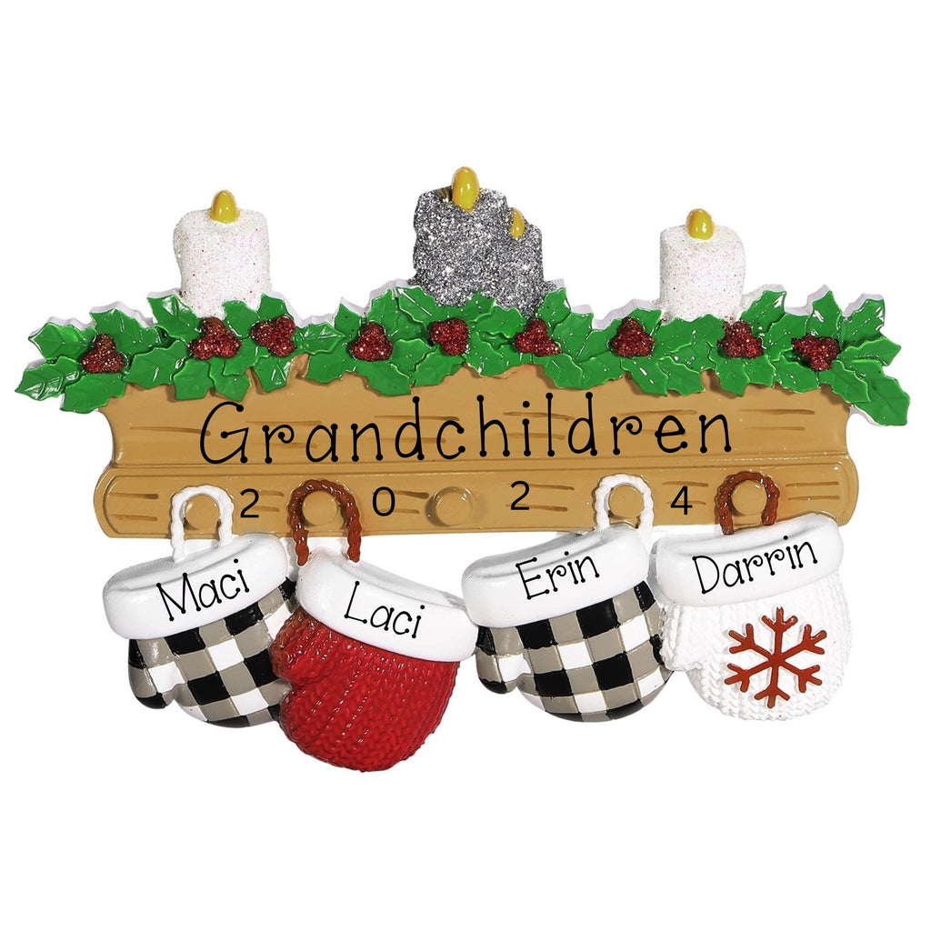 4 Grandkids Mittens hanging from a Mantel Ornament ~ 4 Grandchildren Personalized Ornament