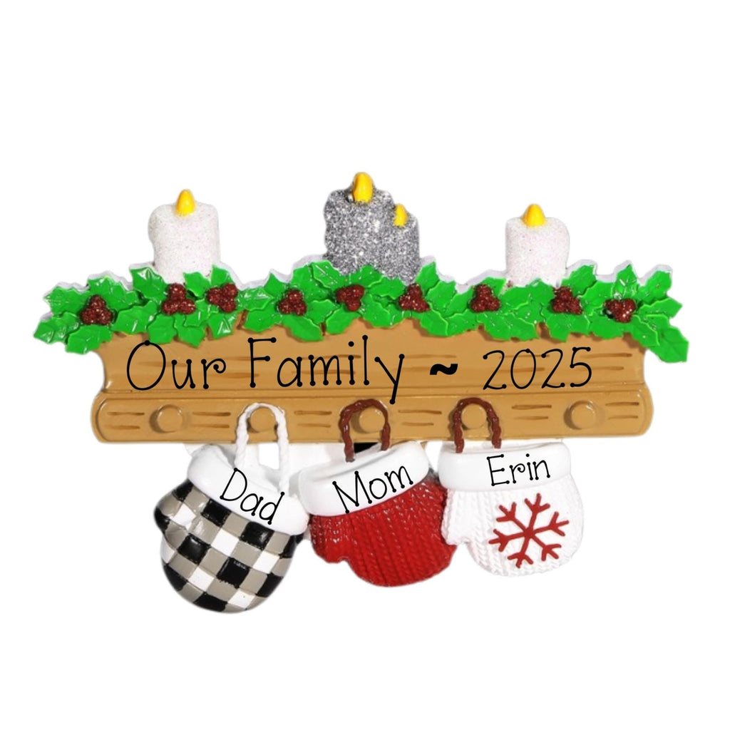 Family of 3 Mitten Personalized Christmas Ornament ~ 3 Family Ornament ~ 3 Mittens hanging from a Mantel Ornament ~ 3 Grandkids ~ 3 Friends