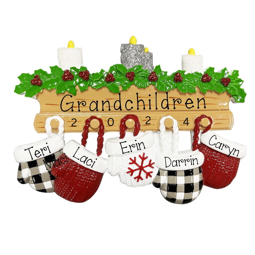 5 Grandkids Mitten Personalized Christmas Ornament ~ 5 Grandchildren Mittens hanging from a Mantel Ornament ~ 5 Grandbabies