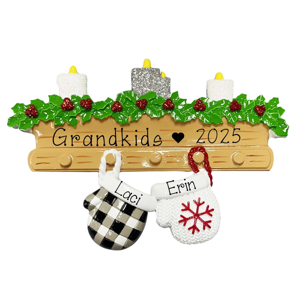Two Grandkids Mitten Personalized Christmas Ornament ~ Family of 2 Ornament ~ 2 Mittens hanging from a Mantel Ornament ~ 2 Grandchildren
