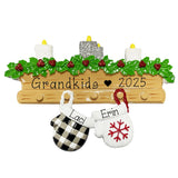 Two Grandkids Mitten Personalized Christmas Ornament ~ Family of 2 Ornament ~ 2 Mittens hanging from a Mantel Ornament ~ 2 Grandchildren