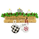 Two Grandkids Mitten Personalized Christmas Ornament ~ Family of 2 Ornament ~ 2 Mittens hanging from a Mantel Ornament ~ 2 Grandchildren