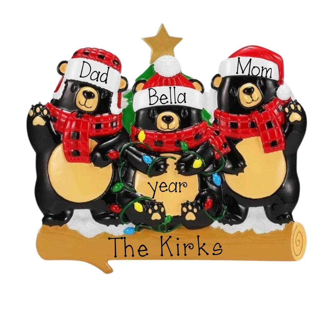 Family Of 3 Black Bears Personalized Christmas Ornament ~ Christmas Bears Ornament ~ Family Of Three ~ Personalized Gift ~ Black Bear Family