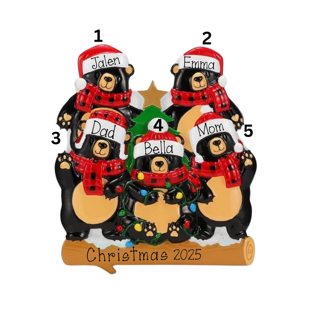 Family Of 5 Black Bears Personalized Christmas Ornament ~ Christmas Bears Ornament ~ Family Of Five ~ Personalized Gift ~ Black Bear Family