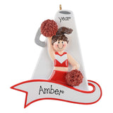 Personalized Cheerleader Ornament ~ Custom Cheerleader Megaphone Christmas Ornament ~ Cheer Gift ~ Brunette Female in Red Cheer Uniform)