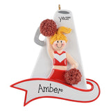 Personalized Cheerleader Ornament ~ Custom Cheerleader Megaphone Christmas Ornament ~ Cheer Gift ~ Blonde Female in Red Cheer Uniform