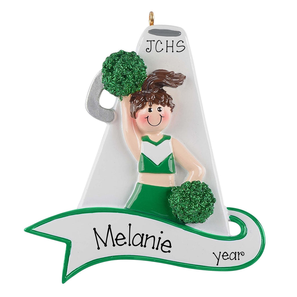 Personalized Cheerleader Ornament ~ Custom Cheerleader Megaphone Christmas Ornament ~ Cheer Gift ~ Brunette Female in Green Cheer Uniform