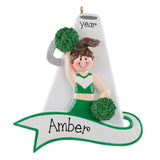 Personalized Cheerleader Ornament ~ Custom Cheerleader Megaphone Christmas Ornament ~ Cheer Gift ~ Brunette Female in Green Cheer Uniform