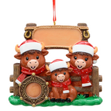 Personalized Western Highland Cow Family of 3,  Hand Personalized Family Christmas Ornament