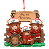 Personalized Western Highland Cow Family of 3,  Hand Personalized Family Christmas Ornament
