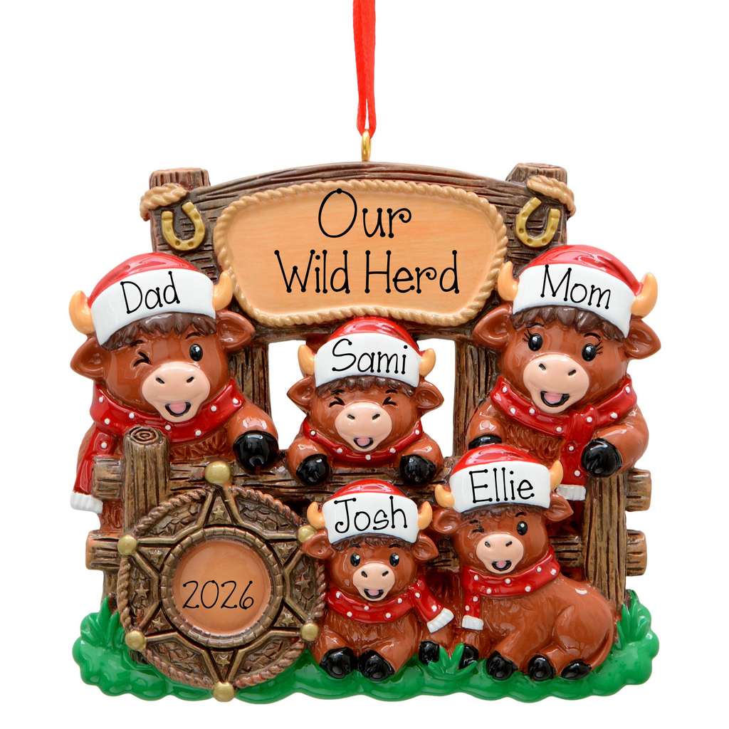 Personalized Western Highland Cow Family of 5 Christmas Ornament , Christmas Ornament for 5