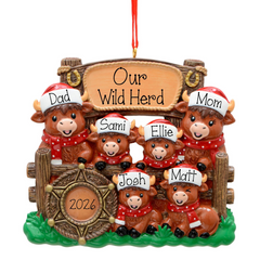 Family of 6 Western Highland Cow Personalized Christmas Ornament, Family of 6 Keepsake