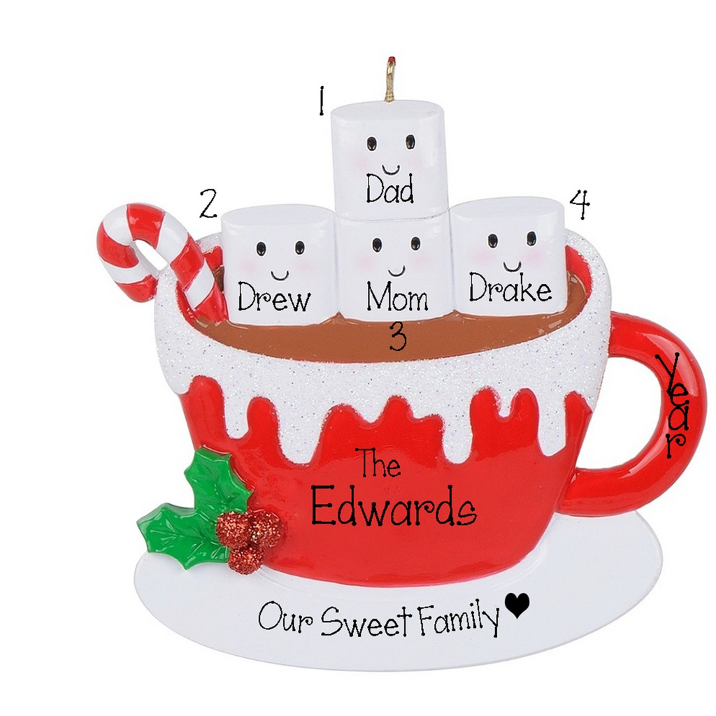 Personalized Hot Chocolate Single Parent Family of 4  Christmas Ornament ~ Mug Marshmallows Family Of 4 Ornament ~ 4 Grandkids ~ 4 Friends