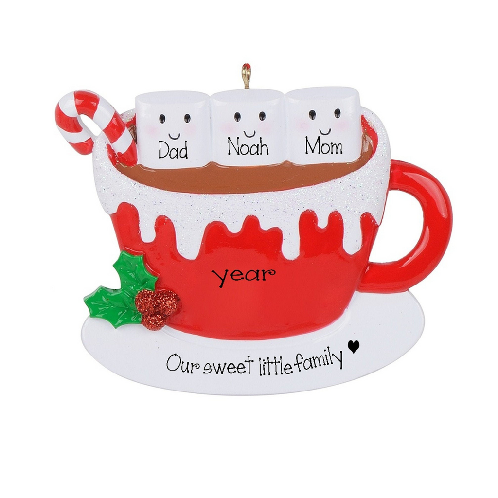 Family of 3 Personalized HOT CHOCOLATE Ornament~Single Parent of 3 Marshmallow Ornament~Christmas Ornaments~Family Ornament~Red Mug