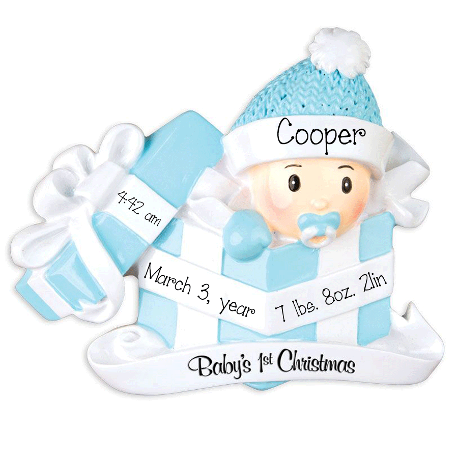 Baby Boy In Present - 1st Christmas Ornament