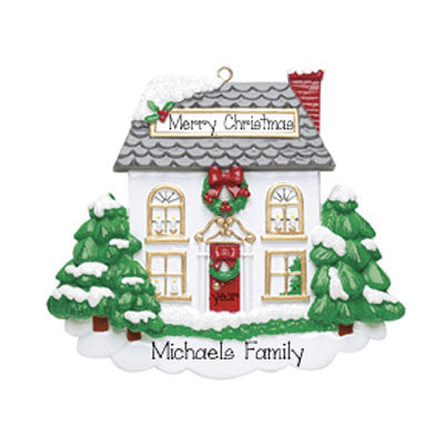 WHITE HOME WITH EVERGREENS AND RED DOOR ORNAMENT / MY PERSONALIZED ORNAMENTS