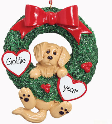 Golden Retriever in Green Wreath -Personalized Christmas Ornament