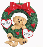 GOLDEN RETRIEVER IN GREEN WREATH ORNAMENT / MY PERSONALIZED ORNAMENTS