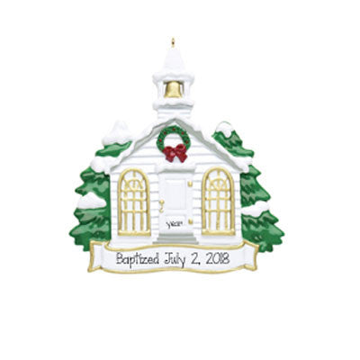 WHITE CHURCH WITH STEEPLE ORNAMENT / MY PERSONALIZED ORNAMENTS