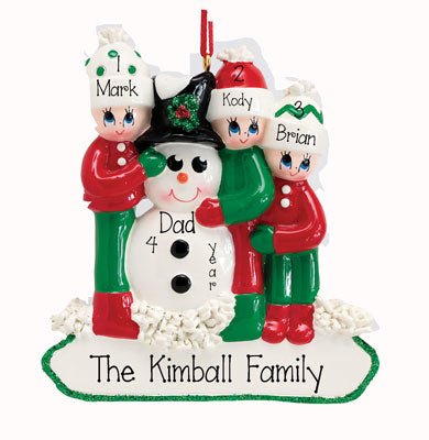 SINGLE PARENT WITH 3 KIDS hugging a snowman ORNAMENT / MY PERSONALIZED ORNAMENTS