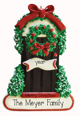 Black Front Door with Wreath~Personalized Christmas Ornament