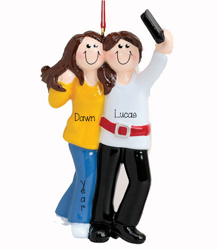 Brunette Selfie COUPLE~Personalized Christmas Ornament