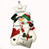 SNOWMAN COUPLE TOUCHING NOSES, PERSONALIZED ORNAMENTS