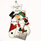 SNOWMAN COUPLE TOUCHING NOSES, PERSONALIZED ORNAMENTS