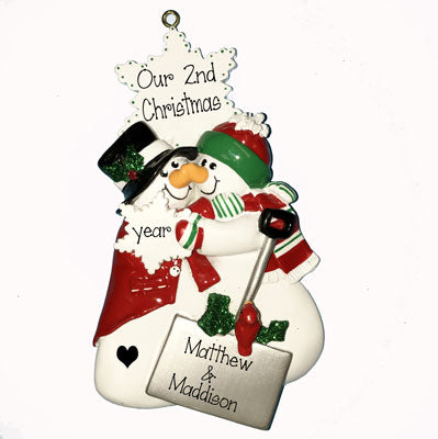 Snowman Couple with Shovel~Personalized Christmas Ornament
