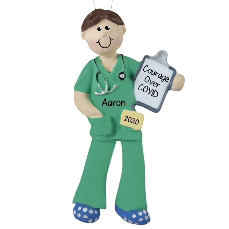 COVID-19~Male NURSE in Green Scrubs~Personalized Christmas Ornament