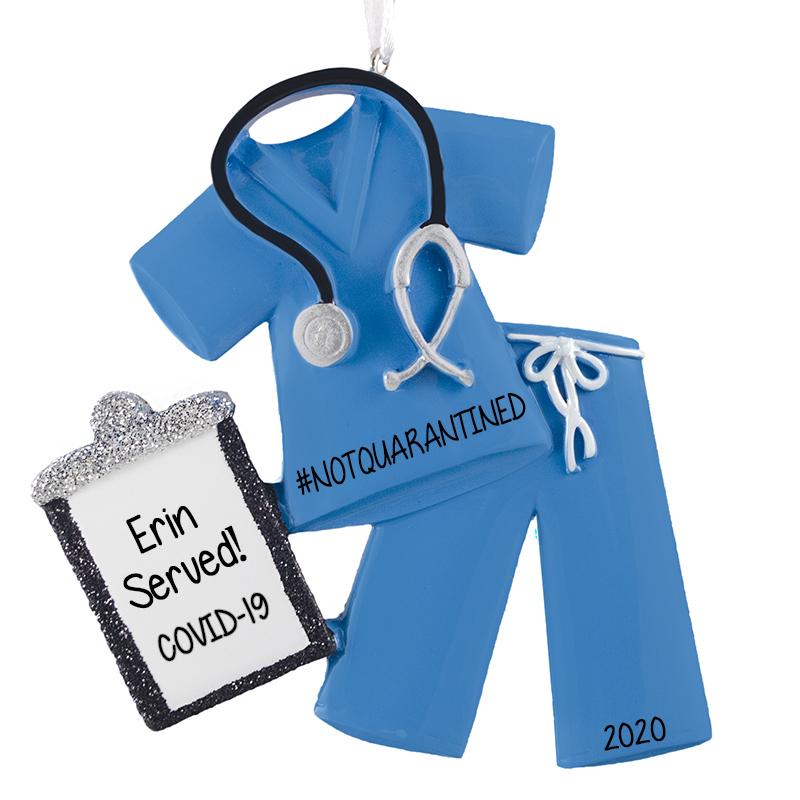 COVID-19 SCRUBS with CLIPBOARD (red, green or blue) - Personalized Ornament