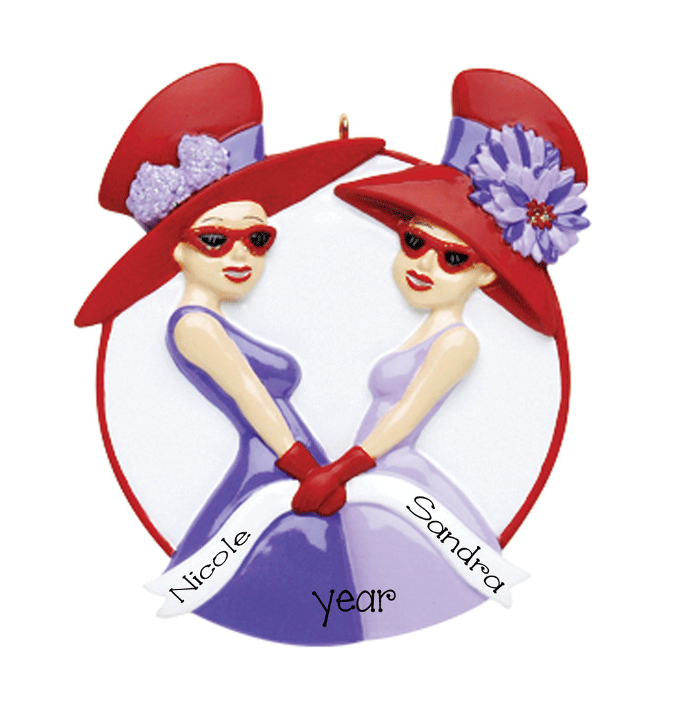 Two Red Hat Friends~Personalized Christmas Ornament