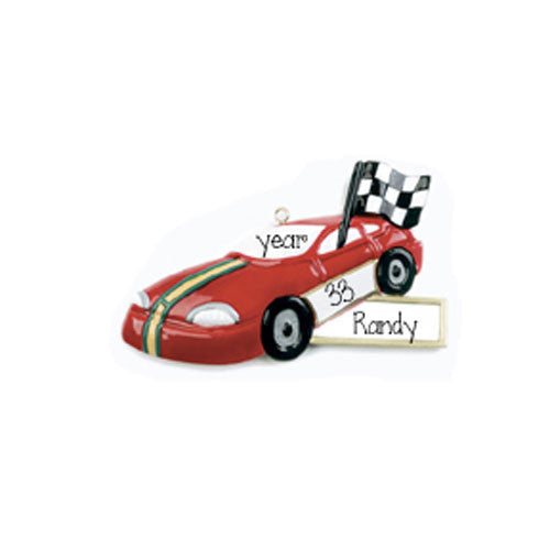 Red Race Car w/ Flag - Ornament