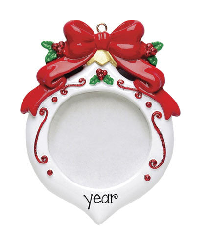 WHITE PHOTO FRAME WITH RED BOW ORNAMENT / MY PERSONALIZED ORNAMENTS