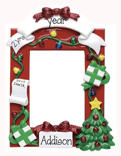 RED PHOTO FRAME WITH CHRISTMAS TREE AND PRESENTS / MY PERSONALIZED ORNAMENTS