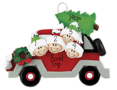 family of 4 red car with christmas tree on roof ORNAMENT / MY PERSONALIZED ORNAMENTS