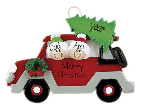 Red Car Single Parent with 1 Child ~Personalized Christmas Ornament