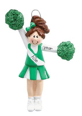 CHEERLEADER WITH GREEN POM POMS/PERSONALIZED CHRISTMAS ORNAMENT