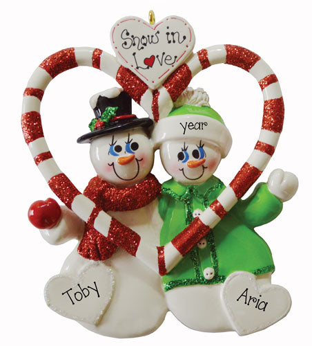 Snowman COUPLE in a Candy Cane Heart~Personalized Ornament