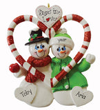 SNOWMAN COUPLE IN A CANDY CANE HEART, SNOW IN LOVE, MY PERSONALIZED ORNAMENTS