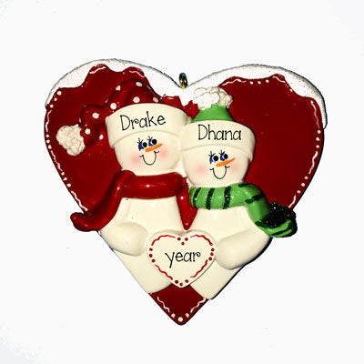 Snowman COUPLE in a RED HEART~Personalized Christmas Ornament