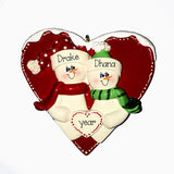 SNOWMAN COUPLE IN A RED HEART ORNAMENT, PERSONALIZED ORNAMENTS