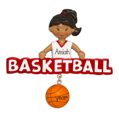 Ethnic/African American female Basketball Player in Red-Personalized Ornament